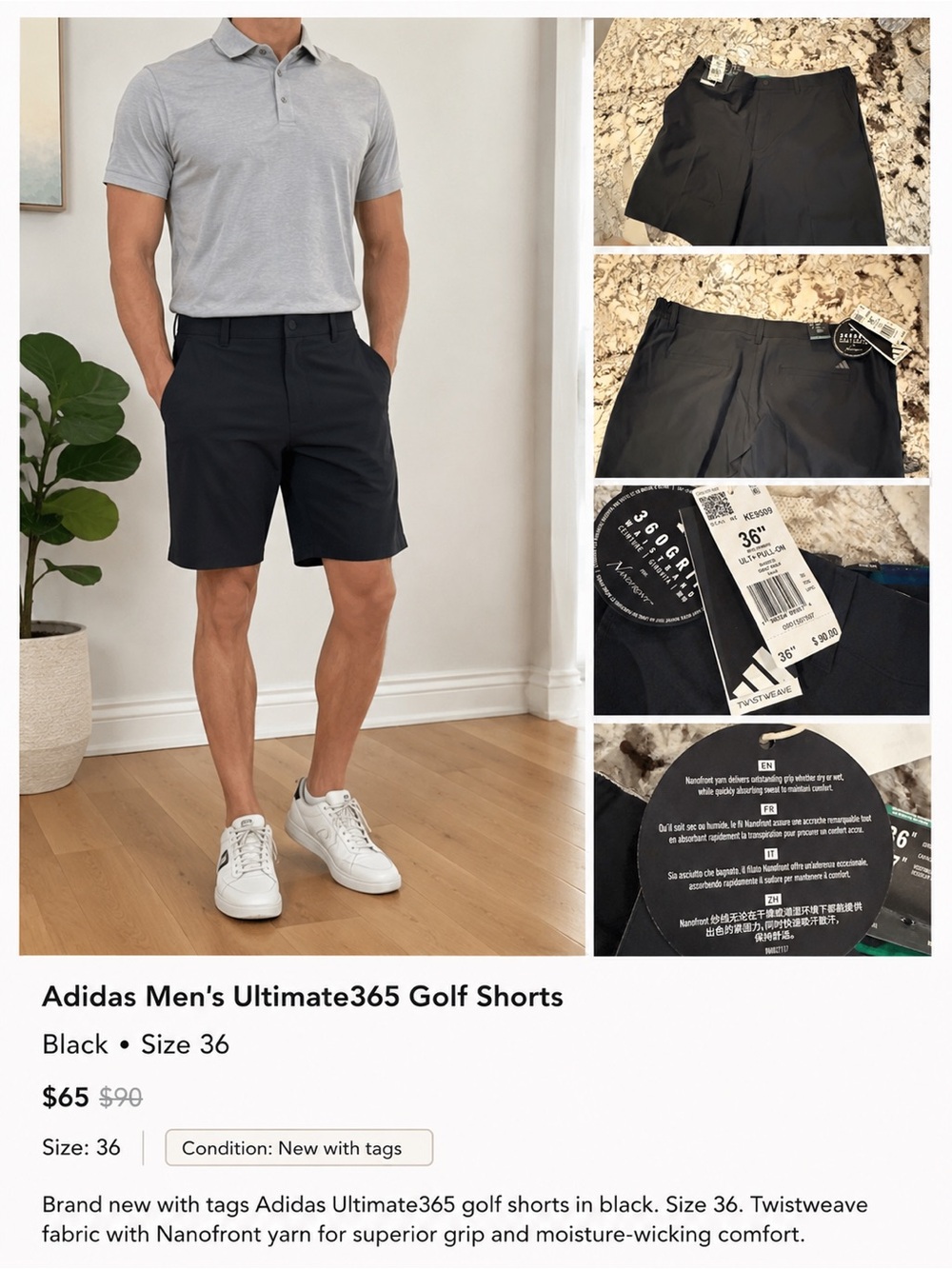 Adidas Ultimate365 Golf Shorts Black Size 36 NWT Moisture-Wicking Performance